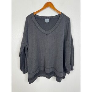 Arula Womens OX Charcoal Gray Striped Ribbed Knit V-Neck Oversized Sweater Top